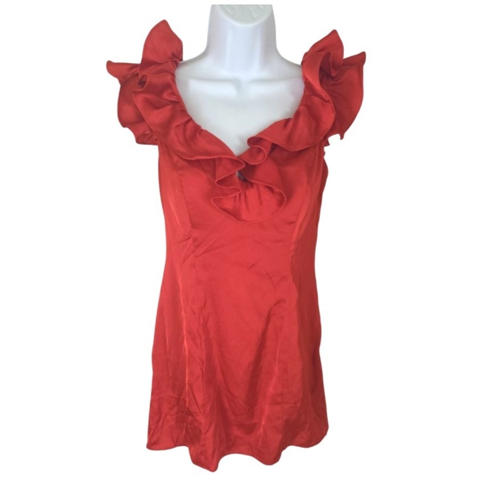 Red Satin Mini Dress 4 Ruffled Lo Back Tie Lined Padded Homecoming Party NWT - Picture 2 of 9